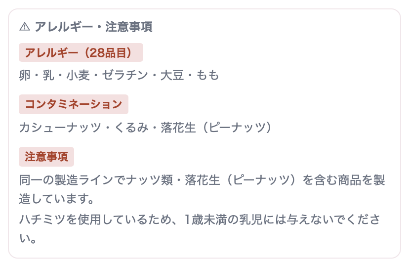 商品詳細ページの表示例。アレルギー・注意事項の枠内に、アレルギー(28品目)、コンタミネーション、アレルギーに関する注意が並んでいる。